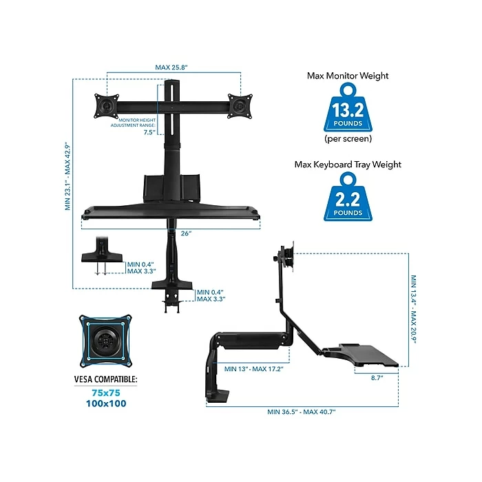 Mount-It! Adjustable Dual-Monitor Mount, Up To 27", Black (MI-7984) - Image 3