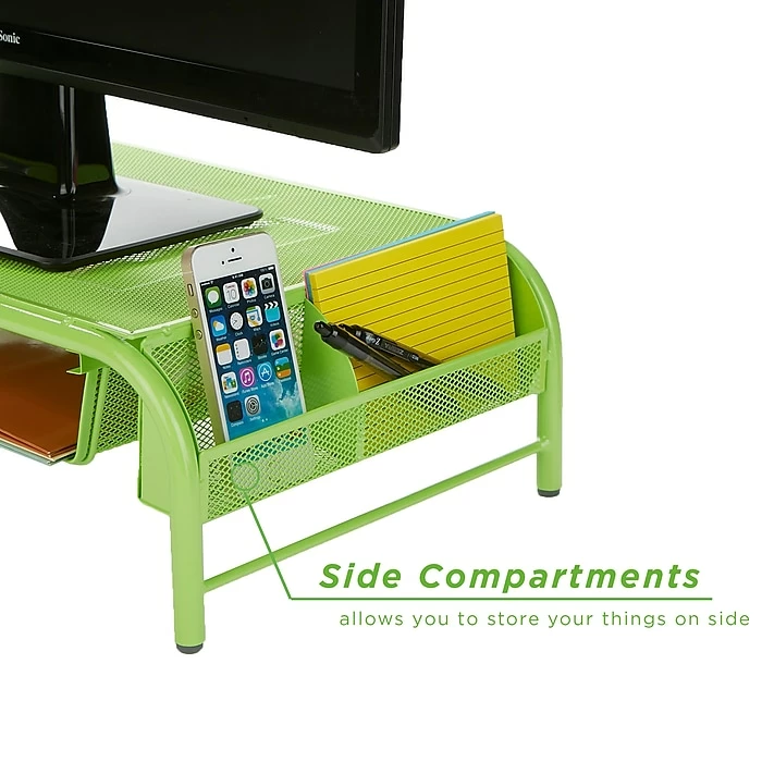 Mind Reader Metal Mesh Monitor Stand And Desk Organizer With Drawer, Desktop Monitor Stand Organizer, Green (MESHMONSTA-GRN) - Image 2