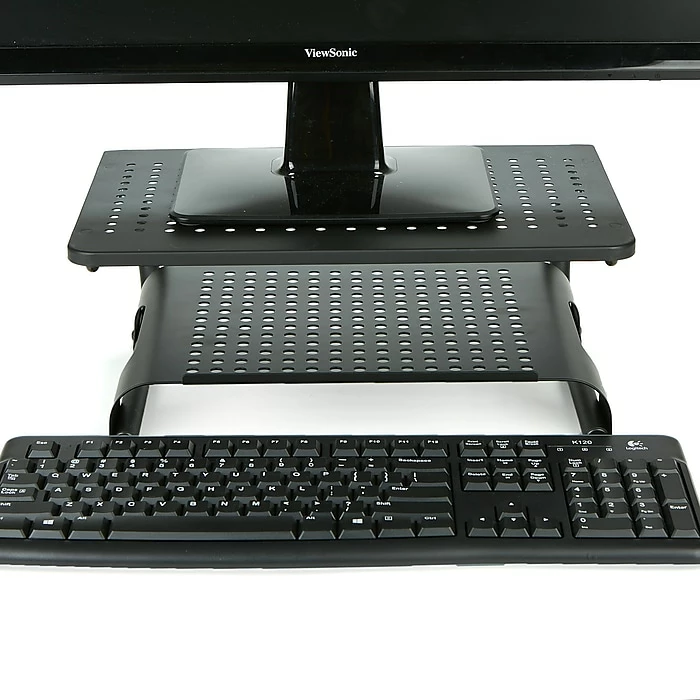 Mind Reader Monitor Stand Riser, 2 Tier, Ventilated Metal For Computer Monitor, Laptop, Storage For Keyboard, Black (MON2T-BLK)