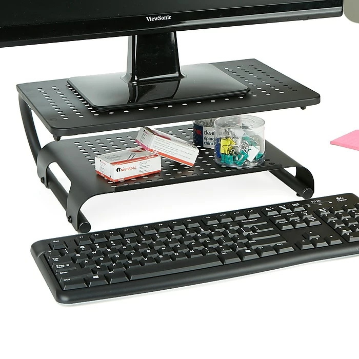 Mind Reader Monitor Stand Riser, 2 Tier, Ventilated Metal For Computer Monitor, Laptop, Storage For Keyboard, Black (MON2T-BLK) - Image 2