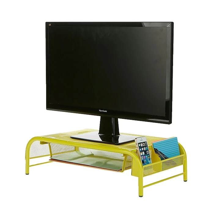 Mind Reader Metal Mesh Monitor Stand And Desk Organizer With Drawer, Desktop Monitor Stand Organizer, Yellow (MESHMONSTA-YLW)