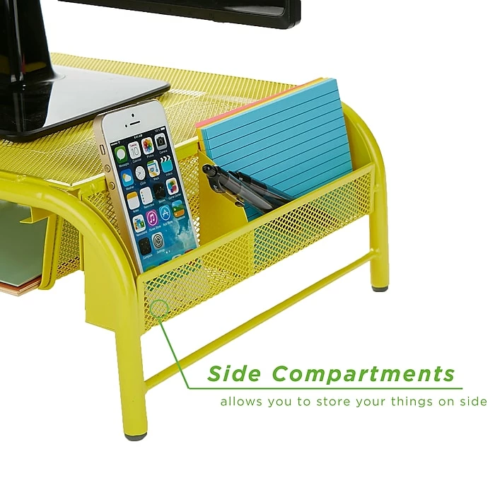 Mind Reader Metal Mesh Monitor Stand And Desk Organizer With Drawer, Desktop Monitor Stand Organizer, Yellow (MESHMONSTA-YLW) - Image 2
