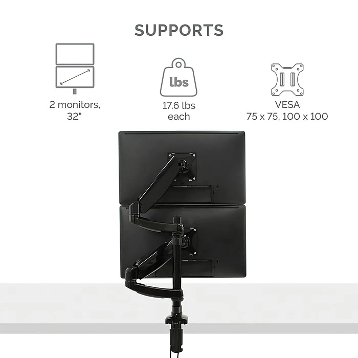 Fellowes Platinum Series Dual Stacking Adjustable Monitor Arm, Up To 32", Black (8043401) - Image 2