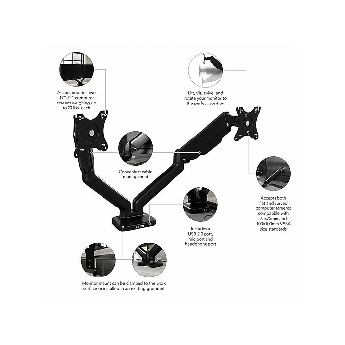 Bush Business Furniture Adjustable Dual Monitor Arm, 17"-32", Satin Black (AC99891-03) - Image 3