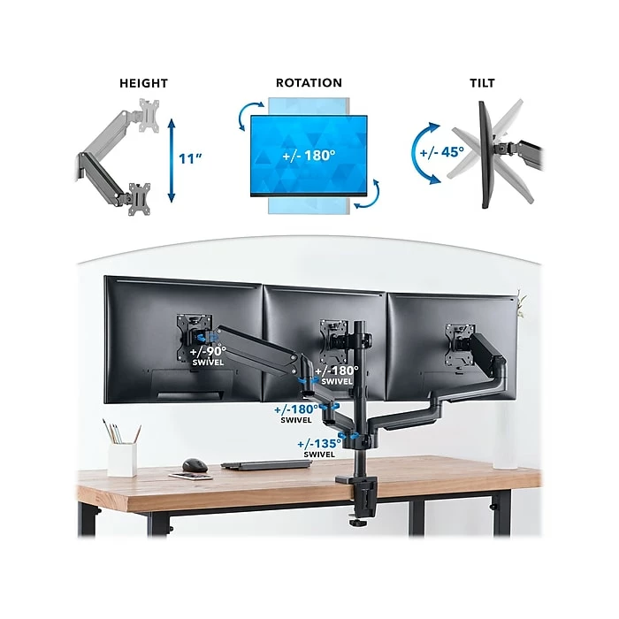 Mount-It! Adjustable Triple Monitor Mount With Gas Spring Arms, Up To 27", Black (MI-4753B) - Image 7