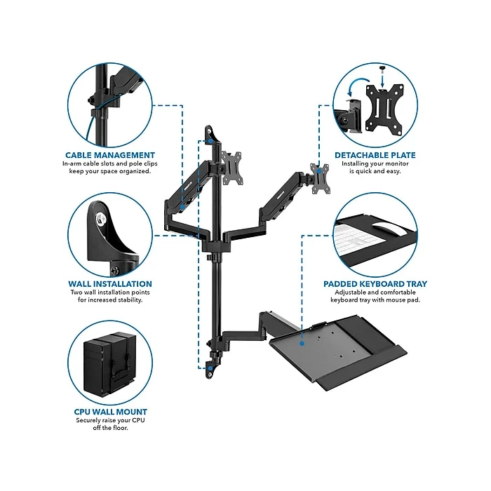 Mount-It! Adjustable Dual-Monitor Wall Mount Workstation, Up To 32", Black (MI-7992) - Image 3